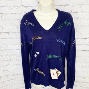 VINTAGE LIGHTWIGHT NAVY BLUE GAMBLING CASINO LAS VEGAS SWEATER - M
